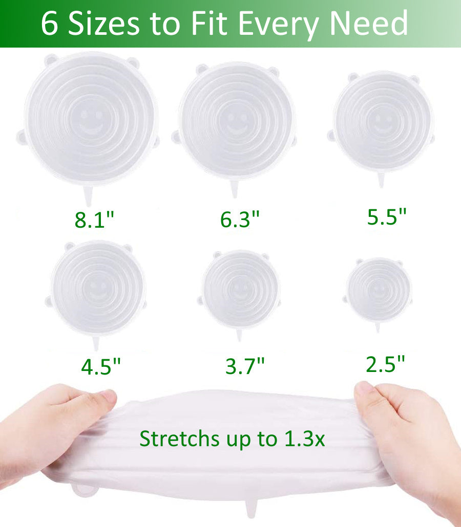 Food Safe Reusable Silicone Stretch and Seal Lids, 6-pc set Food